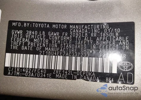 2010 Toyota Corolla Le z USA, uszkodzony, nr VIN 2T1BU4EE7AC337233